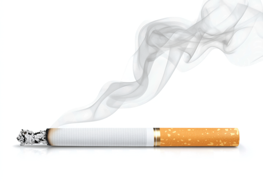 Cigarette with smoke isolated on a transparent background, flat lay