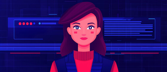 Vibrant of professional woman, symbolizing employee onboarding process human resources context. background features digital elements, emphasizing career development and technology