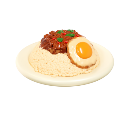 3D Thai Basil Stir-Fry with Egg on Rice Toy Style food icon illustration