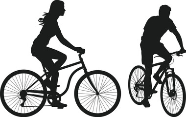 Obraz premium Bicycle rider silhouettes, straight and slanted frame bikes, dynamic cycling poses, urban mobility concept, vector illustration for transport, fitness, lifestyle, and outdoor themes