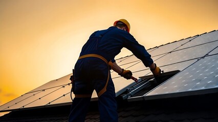 A technician in a hard hat and safety harness installs solar panels on a rooftop against a warm, golden sunset.