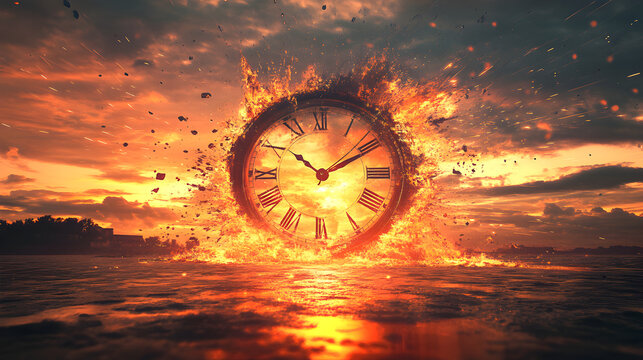 A clock with roman numerals surrounded by fire floating above water at sunset with clouds