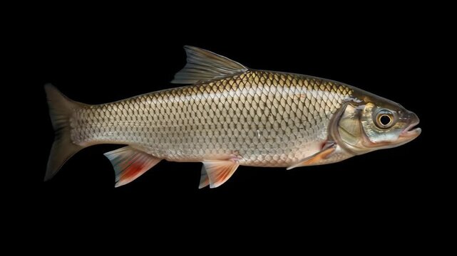 Single Roach Fish on Black Background - A detailed close-up of a single roach fish isolated against a pure black background.