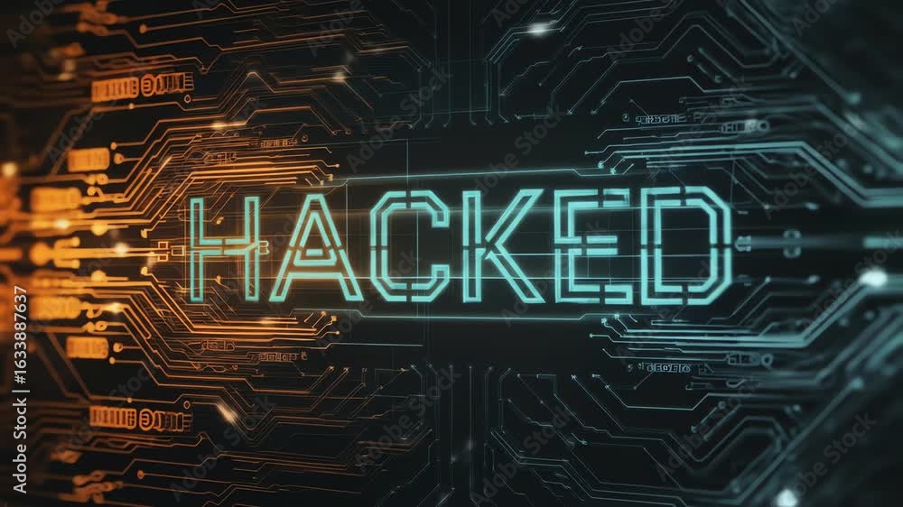 Poster cybersecurity animation, word hacked scrolling across circuit board, illustrating digital intrusion,