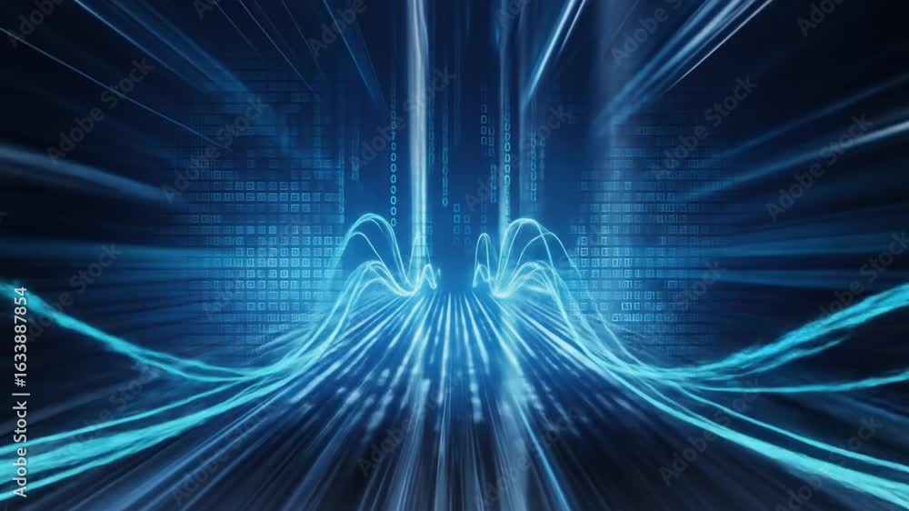 Poster abstract blue light streaks flow through digital code, symbolizing data stream, digital flow, fast n
