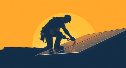Silhouette of a worker installing solar panels on a rooftop during sunset.