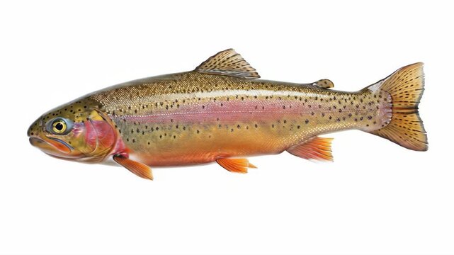 Rainbow Trout on White Background - A vibrant rainbow trout is shown in profile view against a pure white backdrop.
