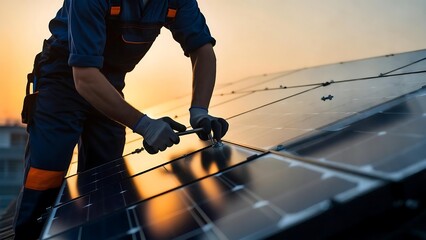A technician in workwear installs solar panels on a rooftop, using a wrench to secure the photovoltaic system against a bright, sunny sky.