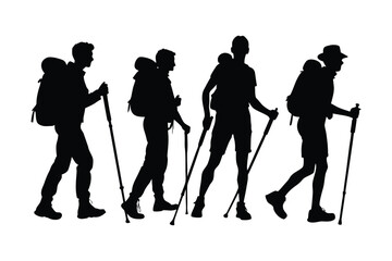 Obraz premium Silhouetted Hikers Trekking with Poles A Group of People Embarking on a Hiking Adventure in Nature Outdoor Exploration