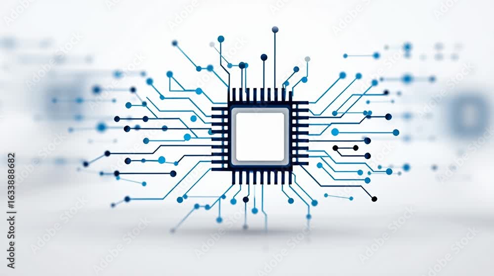 Aufkleber abstract digital microprocessor with blue circuitry on white background