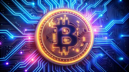 Bitcoin cryptocurrency on a glowing blue circuit board background