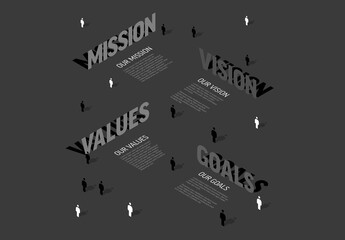 Mission, Vision, Values, and Goals in dark 3D Design Layout Template