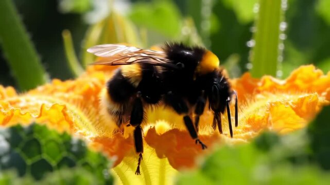 Vibrant close up of bumblebee on orange flower in natural light