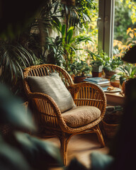 Fototapeta premium Peaceful Rattan Chair in Indoor Garden Corner with Natural Light