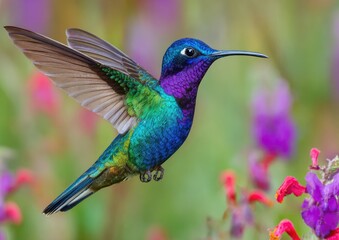 Fototapeta premium Vibrant hummingbird in flight, surrounded by colorful flowers