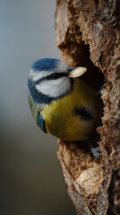 Obraz premium Blue Tit Building a Nest Soft Light Sharp Focus