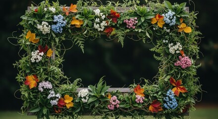 Square floral frame with vibrant wildflowers and lush green foliage