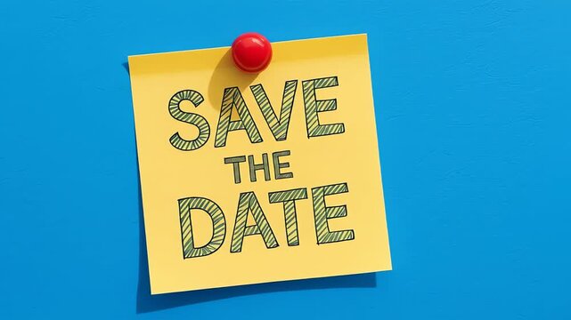 Animated yellow notes, each displaying "Save the Date", sequentially appear on blue background, emphasizing anticipation and reminder
