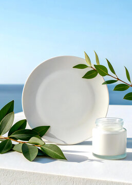 Minimalist Cosmetic Mockup with Green Leaves