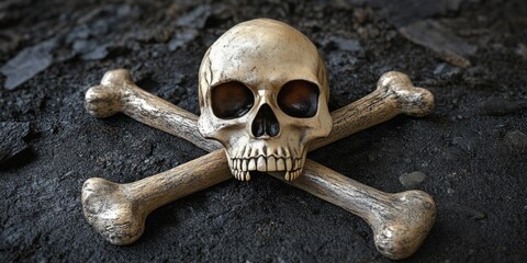 A haunting skull surrounded by shadows, adorned with crossbones, symbolizing mortality and darkness.