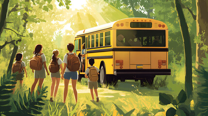 Children with backpacks boarding a yellow school bus in a sunlit forest illustration style view