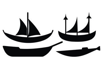 Collection of black silhouette boat icons and symbols on white background
