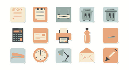 A collection of flat design office icons. Vector set of business supplies and workplace equipment for productivity concepts.