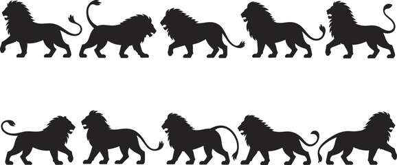 Lion silhouette collection, wild animal poses, majestic predator illustration, African wildlife vector, black graphic design, nature symbol, isolated background