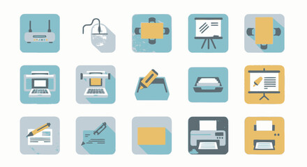 Modern business concept icon set with long shadow style. Office equipment, work, and communication vector symbols.