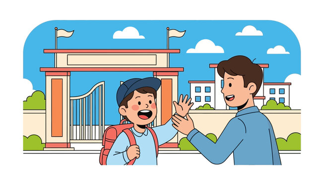 Happy Student Waving Goodbye To His Father Before Entering School