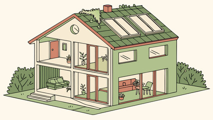 Illustration of a two story house with green roof and interior views of furniture and plants inside