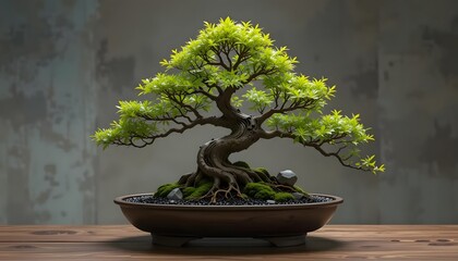 Exquisite Bonsai Tree Displayed on a Wooden Table