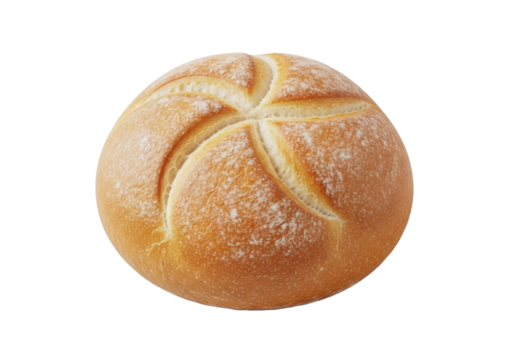 Freshly baked golden-brown kaiser roll with crisp five-point star pattern and rustic texture, on a seamless transparent background with no shadows, commercial food photography concept