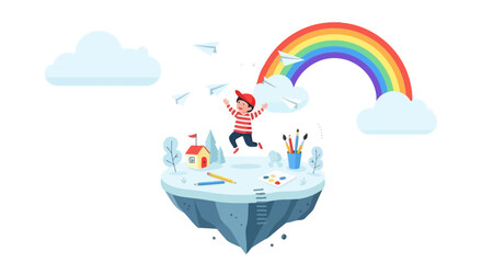 Naklejka premium Happy Childhood Imagination World With Rainbow And Paper Plane Floating Island