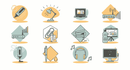 A collection of modern flat line icons representing office supplies, business equipment, and digital technology for web and mobile design.