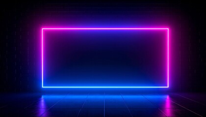 Neon rectangle with glowing blue and pink lines on a black background.