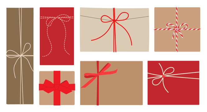 Gift box, present, packaging, envelope with bow, ribbon, rope with kraft paper tag. Set different sizes in flat style isolated on white background for birthday, New Year, Christmas. Vector EPS10