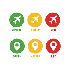 Traffic light icons airplane and location pins in green amber red