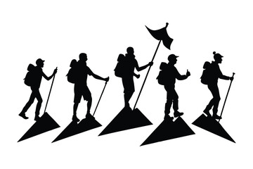 Obraz premium Group of hikers with backpacks and trekking poles reaching mountain peaks