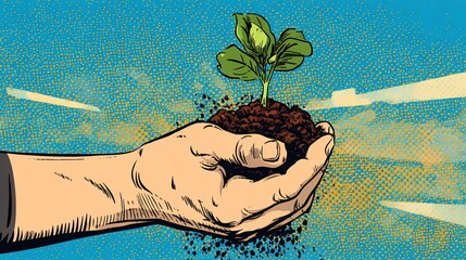 Human hand cradles soil and a growing plant sprout, pop-art style