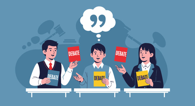 Illustrated Debate Club Meeting With Participants Presenting Differing Arguments