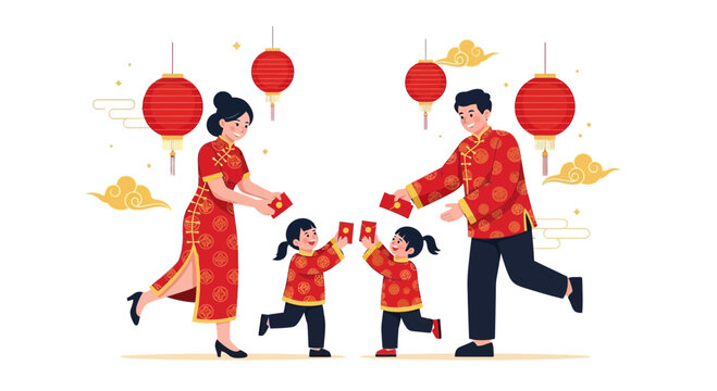 Happy Chinese New Year Family Giving Red Envelopes Blessing Celebration