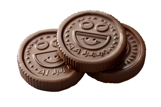 Chocolate Coins with Smiling Face 3d rendered, isolated on transparent background
