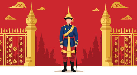 Illustration Of A Royal Guard Standing Guard Near Elaborate Golden Gate