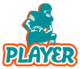 “Player” written in bold rounded letters with a football player leaning against the text. Two-tone vector design with orange and aqua, perfect for sports and football-themed