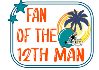 Aqua football helmet with orange stripe, set against a palm tree and sun backdrop. Text reads “FAN OF THE 12TH MAN” in bold teal letters. Ideal for sports enthusiasts and tropical-themed designs