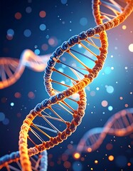 A 3D rendering of a DNA double helix, glowing orange and blue against a dark blue bokeh background