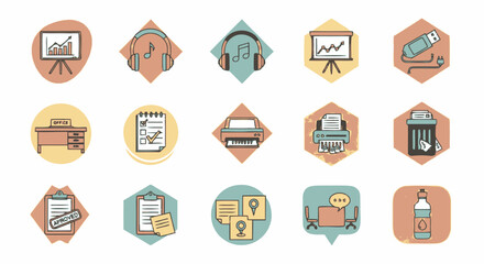 Set of modern flat design business and office icons. Vector illustration of workplace elements like presentation, headphones, printer, and documents.