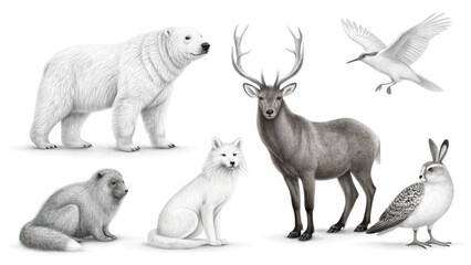 Collection of arctic and forest animals including a polar bear, deer, arctic fox, beaver, hare, and egret, depicted in a detailed illustration