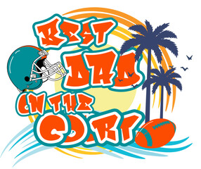Aqua football helmet with orange stripe, set against a palm tree and sun backdrop. Text reads “BEST DAD ON THE COURT” in bold teal letters. Ideal for sports enthusiasts and tropical-themed designs
